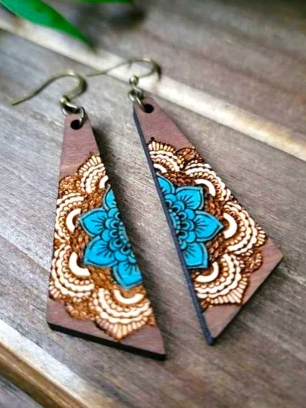 Boho Turquoise Ivory Mandala Statement Wood Earrings Geometric Dangle Pierced - Picture 11 of 11